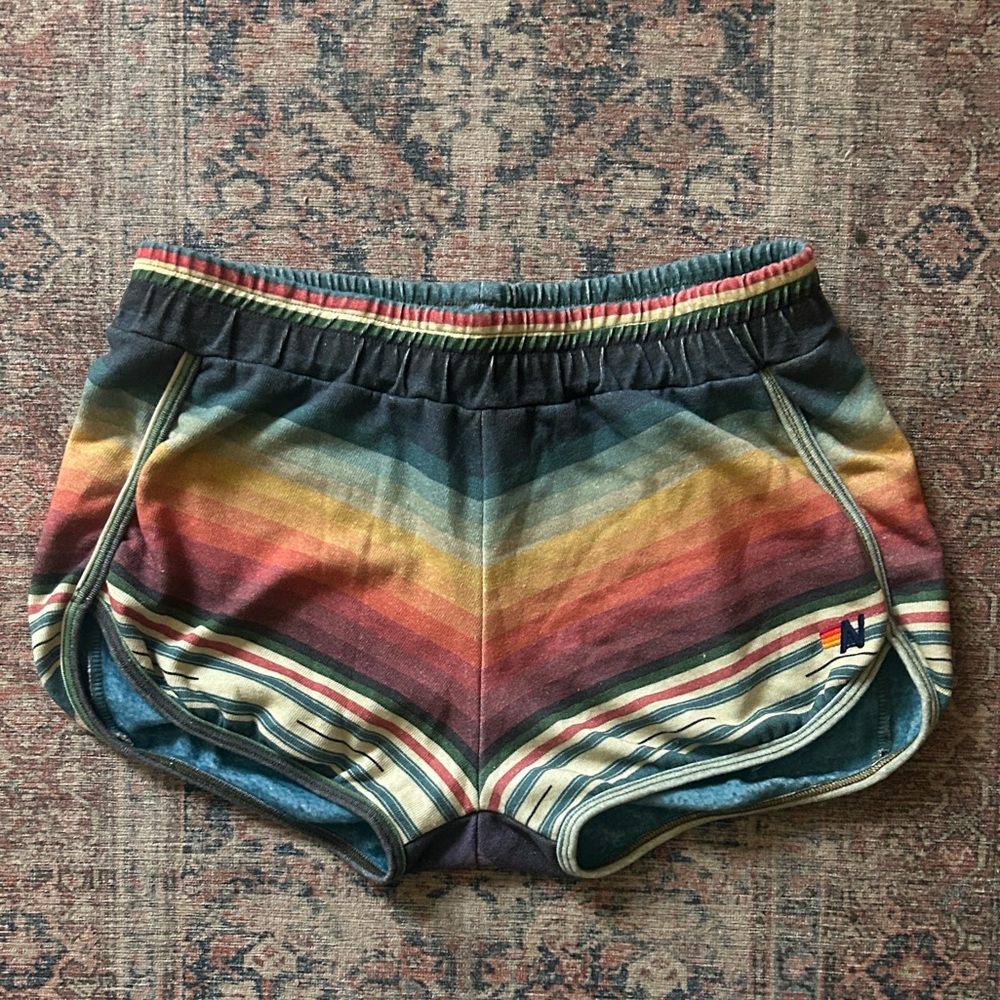 Aviator Nation Chevron Rainbow Stripe Athletic Shorts in Teal, Yellow & Red